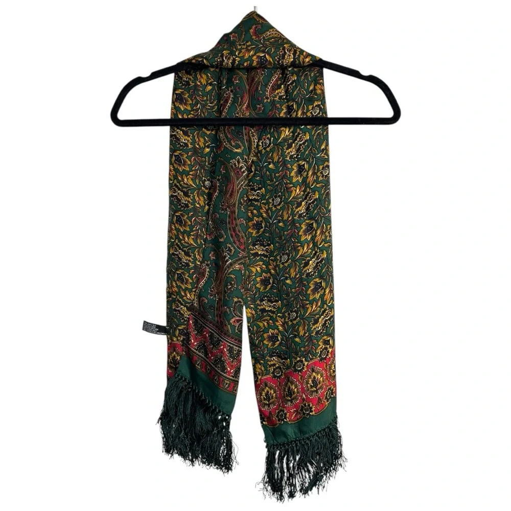 Basha 100% Silk Floral‎ Medallion Red Green Gold Scarf with Fringe 9.5x50